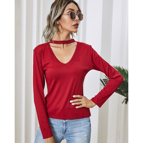 

V-neck Fashion Tight-fitting Long-sleeved Top (Color:Wine Red Size:L)