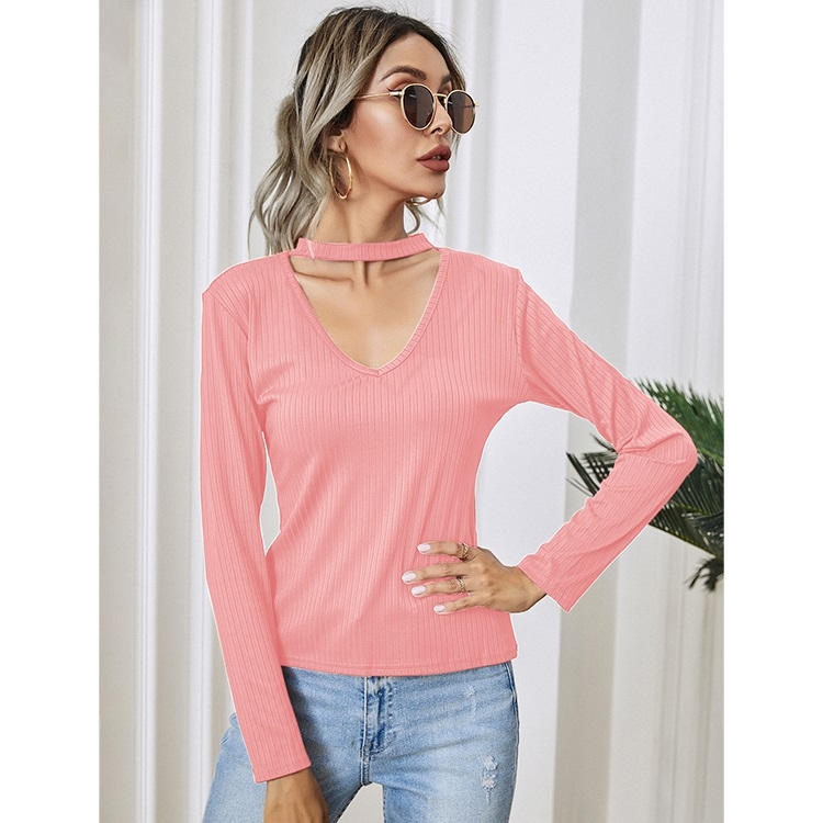 

V-neck Fashion Tight-fitting Long-sleeved Top (Color:Pink Size:L)
