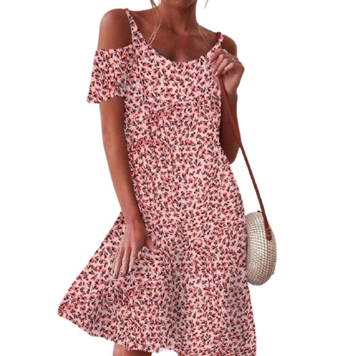 

Small Floral Loose Strapless Short Sleeve Dress Short Skirt for Ladies (Color:Pink Size:M)