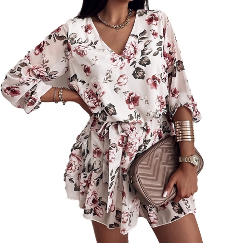 

Bohemian Style Loose V-neck Printed Dress Nine-Sleeve Short Skirt for Ladies (Color:Red Size:M)