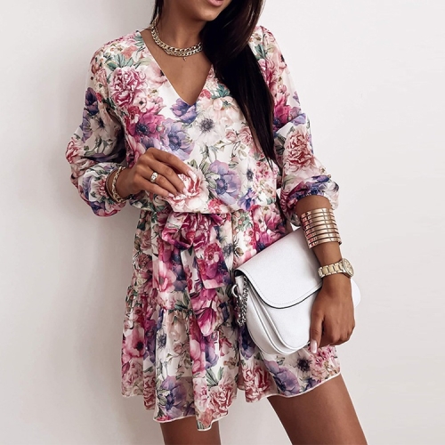 

Bohemian Style Loose V-neck Printed Dress Nine-Sleeve Short Skirt for Ladies (Color:White Size:XL)