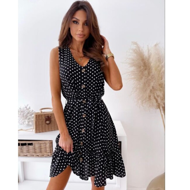 

Dot V-neck Single-breasted Waist Sleeveless Dress for Ladies (Color:Black Size:L)