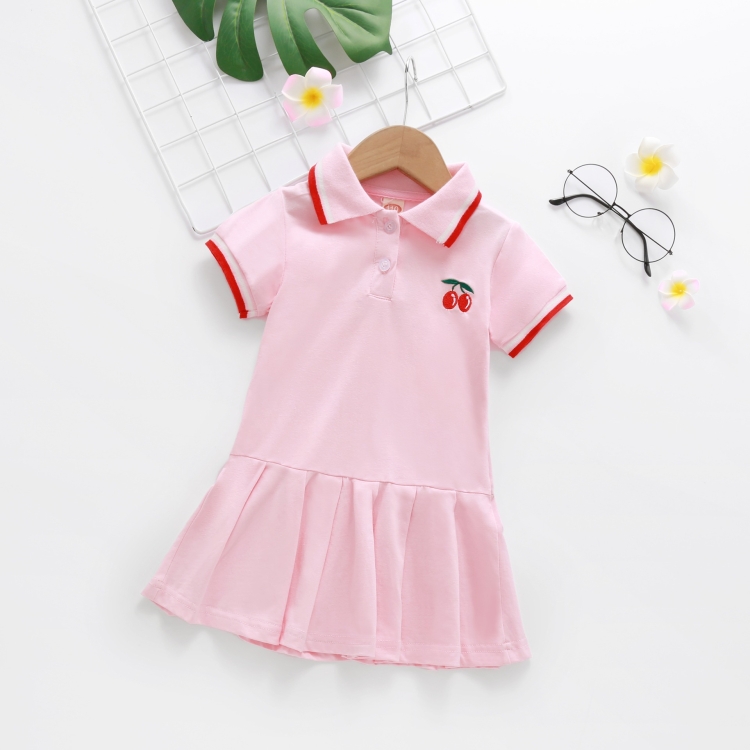 

Summer Cherry Pattern Short-sleeved Pleated Shirt Dress Princess Dress For Girls (Color:Pink Size:130cm)