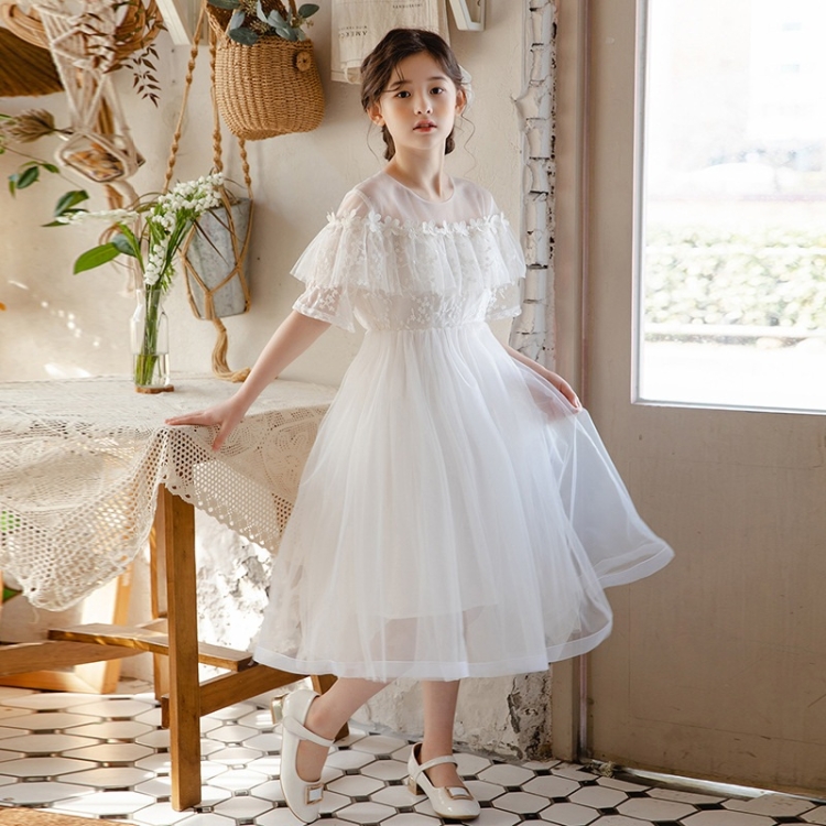 

Girls Embroidered Lace Mesh Princess Dress (Color:White Size:160cm)