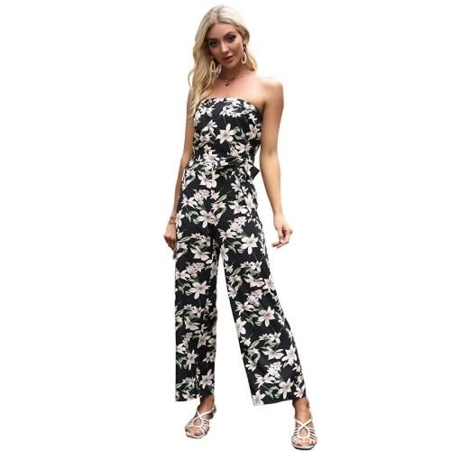 

Women Chiffon Printed Boat Shoulder Jumpsuit (Color:Black Size:S)