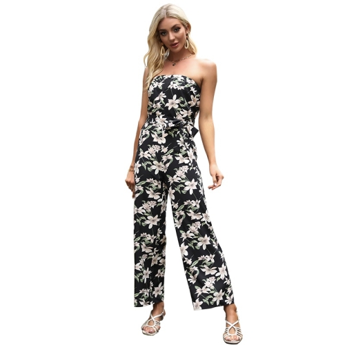 

Women Chiffon Printed Boat Shoulder Jumpsuit (Color:Black Size:M)