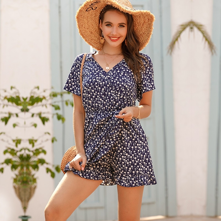 V-neck Short-sleeved Floral Chiffon 