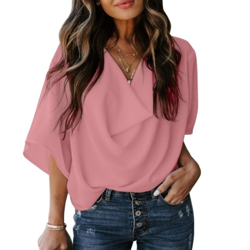 

Solid Color Loose V-neck Bat Sleeve Short-sleeved T-shirt For Women (Color:Pink Size:M)