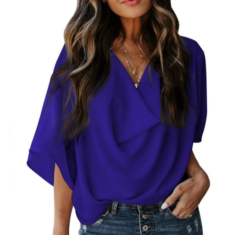 

Solid Color Loose V-neck Bat Sleeve Short-sleeved T-shirt For Women (Color:Royal Blue Size:M)