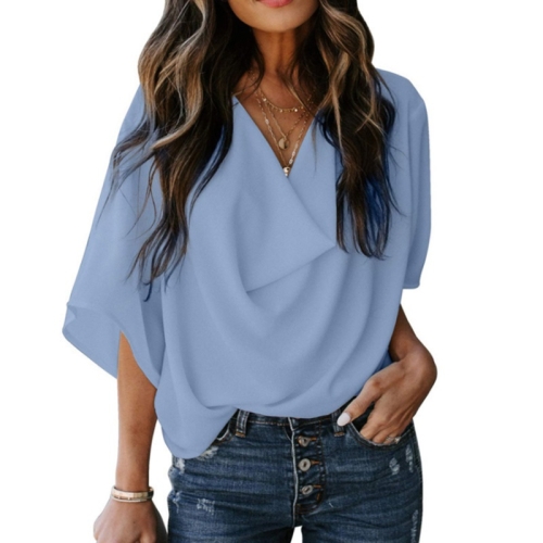 

Solid Color Loose V-neck Bat Sleeve Short-sleeved T-shirt For Women (Color:Light Blue Size:S)