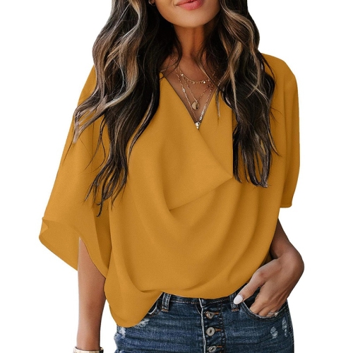 

Solid Color Loose V-neck Bat Sleeve Short-sleeved T-shirt For Women (Color:Turmeric Size:S)