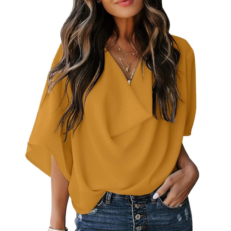 

Solid Color Loose V-neck Bat Sleeve Short-sleeved T-shirt For Women (Color:Turmeric Size:L)