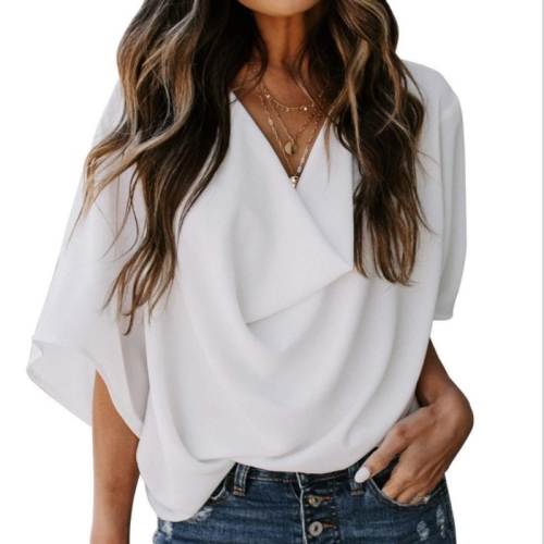

Solid Color Loose V-neck Bat Sleeve Short-sleeved T-shirt For Women (Color:White Size:M)
