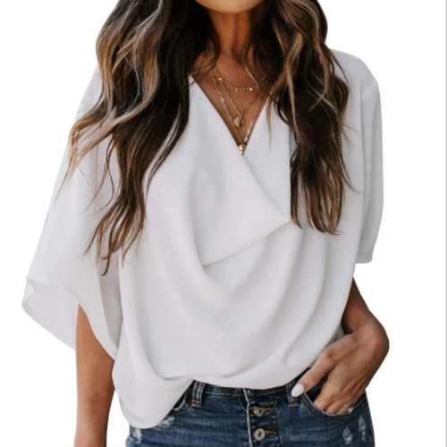 

Solid Color Loose V-neck Bat Sleeve Short-sleeved T-shirt For Women (Color:White Size:XL)