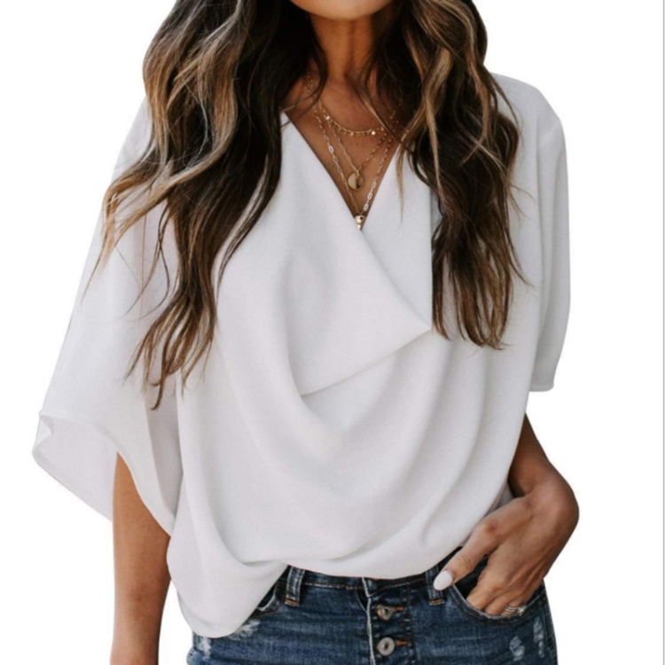 

Solid Color Loose V-neck Bat Sleeve Short-sleeved T-shirt For Women (Color:White Size:XXL)
