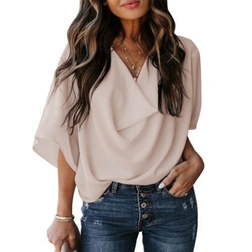 

Solid Color Loose V-neck Bat Sleeve Short-sleeved T-shirt For Women (Color:Apricot Size:L)