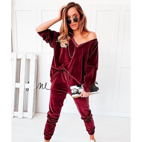 

2 in 1 Pure Color Golden Velvet V-neck Long Sleeve Top + Pants Casual Set for Ladies (Color:Wine Red Size:M)