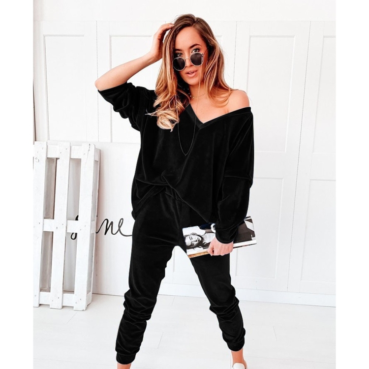 

2 in 1 Pure Color Golden Velvet V-neck Long Sleeve Top + Pants Casual Set for Ladies (Color:Black Size:S)