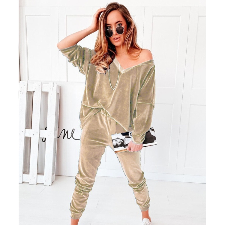 

2 in 1 Pure Color Golden Velvet V-neck Long Sleeve Top + Pants Casual Set for Ladies (Color:Apricot Size:M)