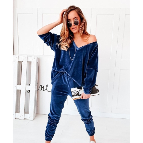 

2 in 1 Pure Color Golden Velvet V-neck Long Sleeve Top + Pants Casual Set for Ladies (Color:Royal Blue Size:S)