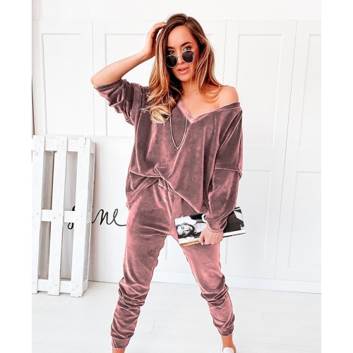 

2 in 1 Pure Color Golden Velvet V-neck Long Sleeve Top + Pants Casual Set for Ladies (Color:Pink Size:L)