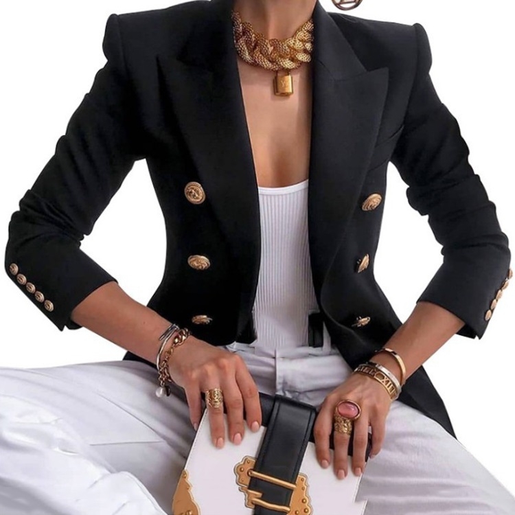 

Solid Color Slim Long-sleeved Cardigan Short Suit Jacket for Ladies (Color:Black Size:L)
