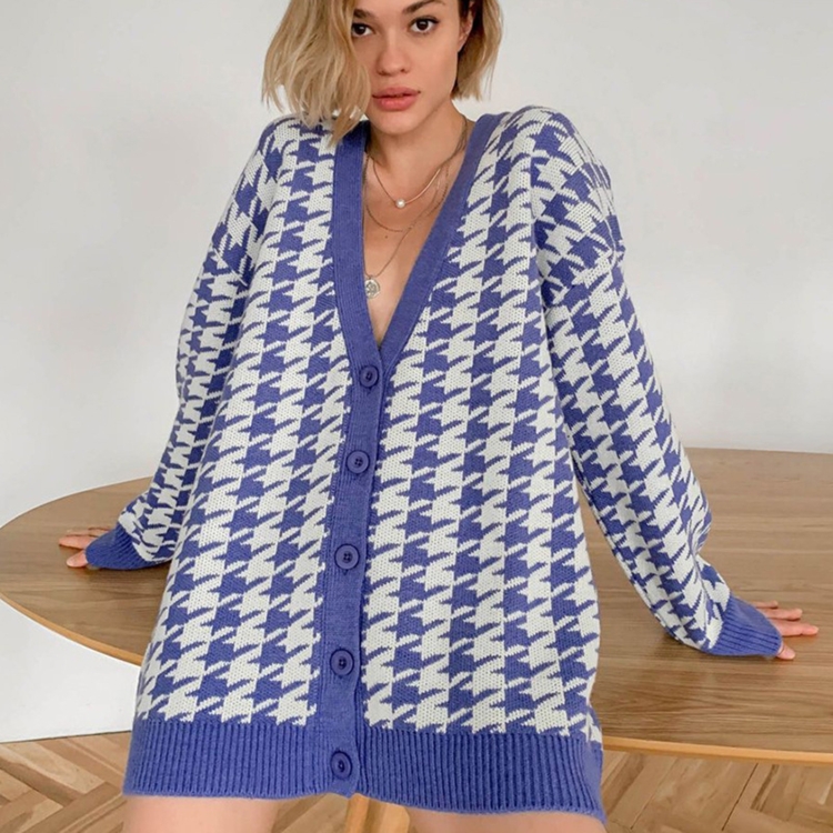 

Loose V-neck Long-sleeved Knitted Cardigan Coat (Color:Baby Blue Size:L)