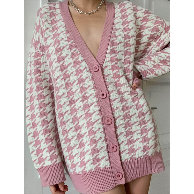 

Loose V-neck Long-sleeved Knitted Cardigan Coat (Color:Pink Size:L)