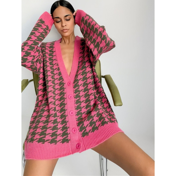 

Loose V-neck Long-sleeved Knitted Cardigan Coat (Color:Rose Red Size:XL)