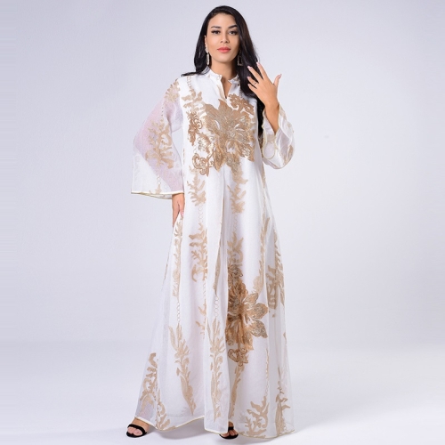 

Women Gold Sequin Embroidered Stand Collar Dress (Color:White Size:S)