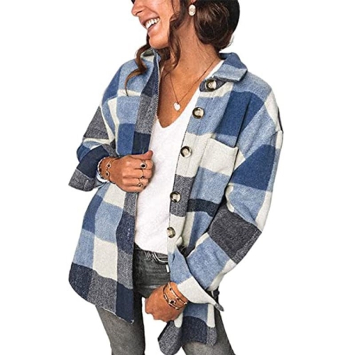 

Lapel Long Sleeve Flannel Check Shirt Loose Casual Cardigan Jacket for Ladies (Color:Blue Size:M)