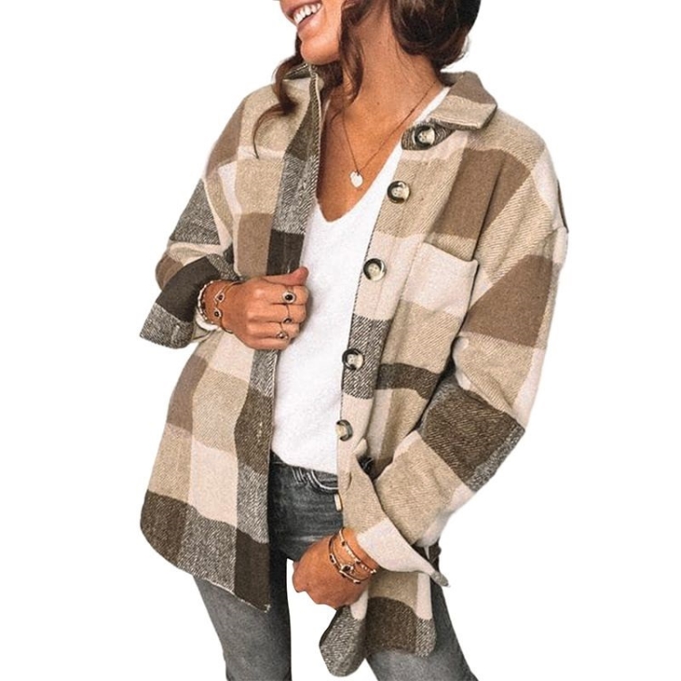 

Lapel Long Sleeve Flannel Check Shirt Loose Casual Cardigan Jacket for Ladies (Color:Khaki Size:M)