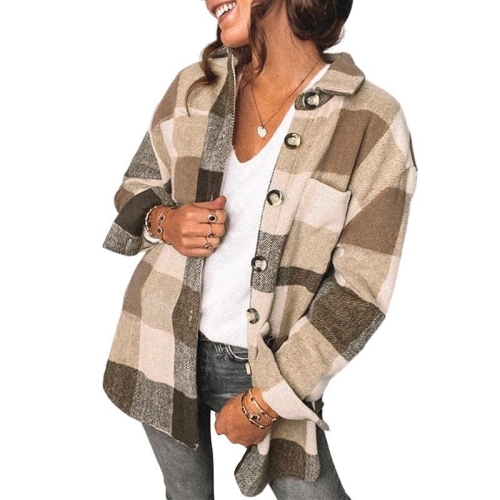 

Lapel Long Sleeve Flannel Check Shirt Loose Casual Cardigan Jacket for Ladies (Color:Khaki Size:L)