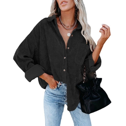 

Solid Color Lapel Long Sleeve Corduroy Loose Casual Shirt With Pockets for Ladies (Color:Black Size:M)