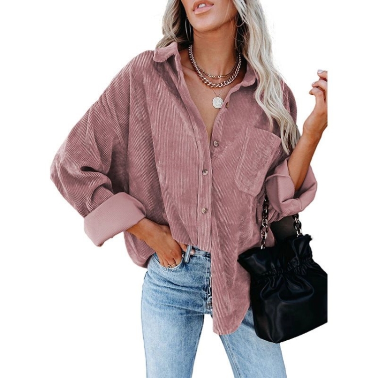 

Solid Color Lapel Long Sleeve Corduroy Loose Casual Shirt With Pockets for Ladies (Color:Pink Size:L)
