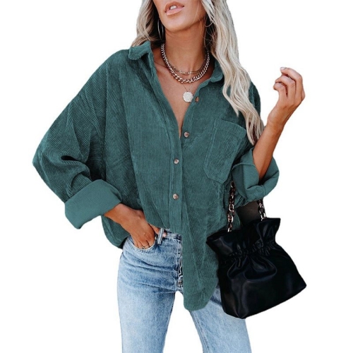 

Solid Color Lapel Long Sleeve Corduroy Loose Casual Shirt With Pockets for Ladies (Color:Green Size:M)