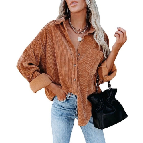 

Solid Color Lapel Long Sleeve Corduroy Loose Casual Shirt With Pockets for Ladies (Color:Caramel Size:M)