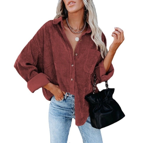 

Solid Color Lapel Long Sleeve Corduroy Loose Casual Shirt With Pockets for Ladies (Color:Wine Red Size:M)