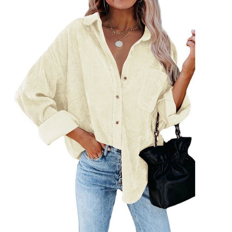 

Solid Color Lapel Long Sleeve Corduroy Loose Casual Shirt With Pockets for Ladies (Color:Beige Size:L)