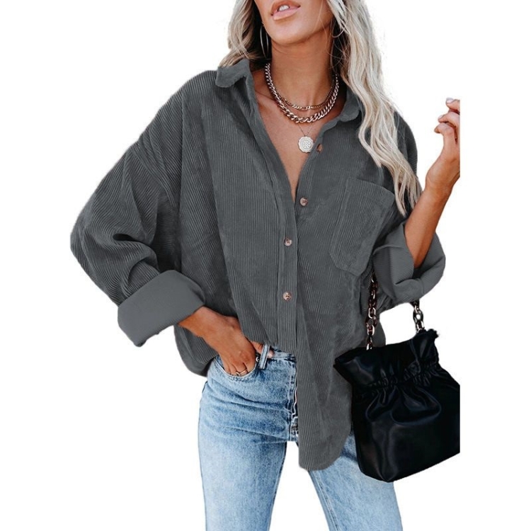 

Solid Color Lapel Long Sleeve Corduroy Loose Casual Shirt With Pockets for Ladies (Color:Dark Gray Size:XXL)