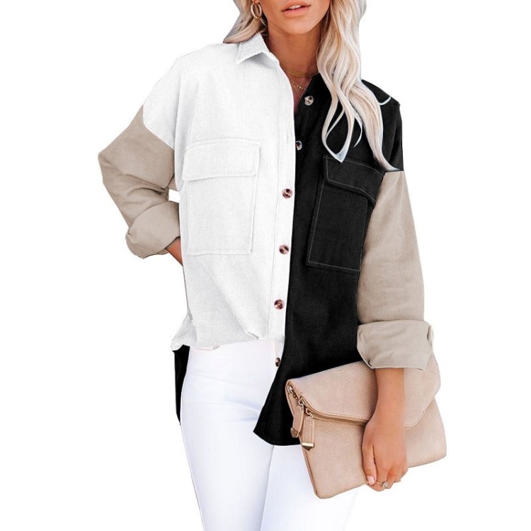 

Lapel Long Sleeve Contrast Color Corduroy Jacket Loose Casual Shirt for Ladies (Color:Black Size:L)