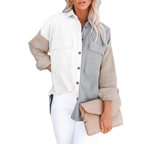 

Lapel Long Sleeve Contrast Color Corduroy Jacket Loose Casual Shirt for Ladies (Color:Khaki Size:M)