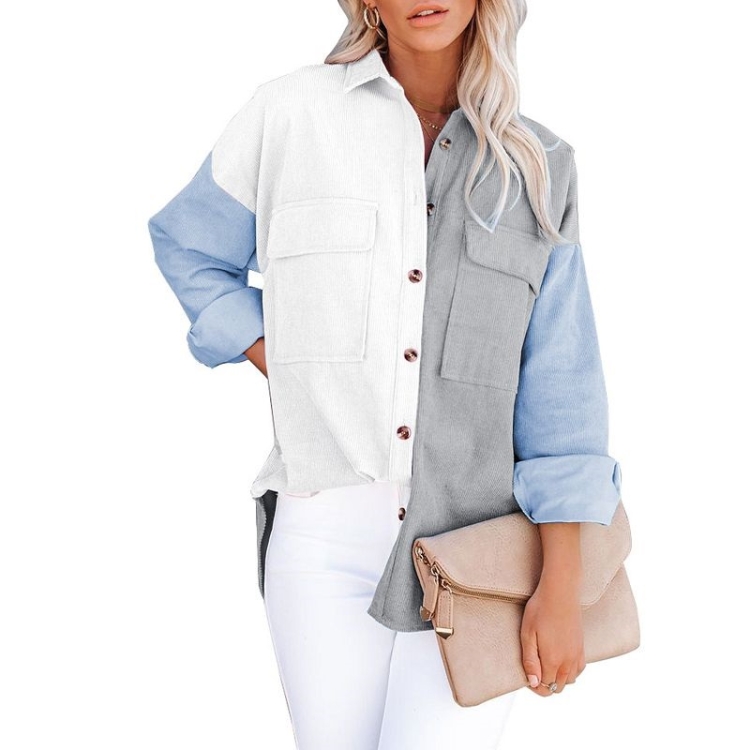 

Lapel Long Sleeve Contrast Color Corduroy Jacket Loose Casual Shirt for Ladies (Color:Sky Blue Size:XL)