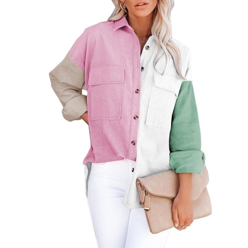 

Lapel Long Sleeve Contrast Color Corduroy Jacket Loose Casual Shirt for Ladies (Color:Pink White Size:M)