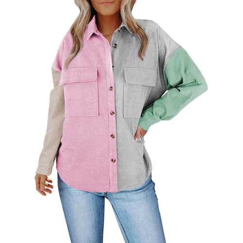 

Lapel Long Sleeve Contrast Color Corduroy Jacket Loose Casual Shirt for Ladies (Color:Pink Light Gray Size:M)