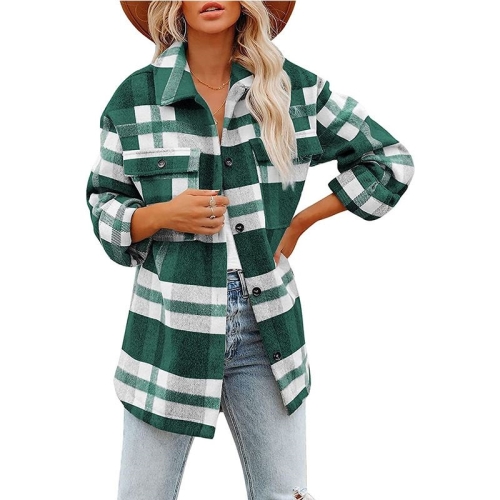 

Lapel Long Sleeve Flannel Check Shirt Loose Casual Cardigan Jacket for Ladies (Color:Green Size:XL)