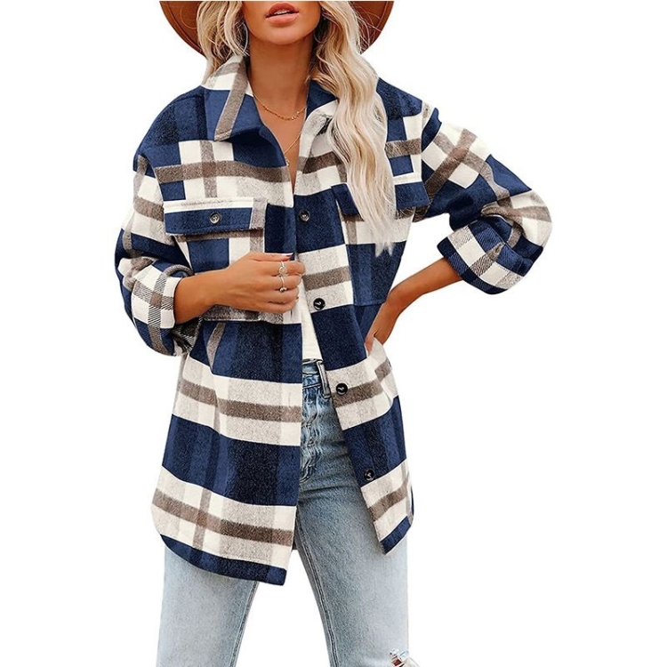 

Lapel Long Sleeve Flannel Check Shirt Loose Casual Cardigan Jacket for Ladies (Color:Navy Blue Size:L)