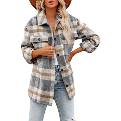 

Lapel Long Sleeve Flannel Check Shirt Loose Casual Cardigan Jacket for Ladies (Color:Light Gray Size:S)