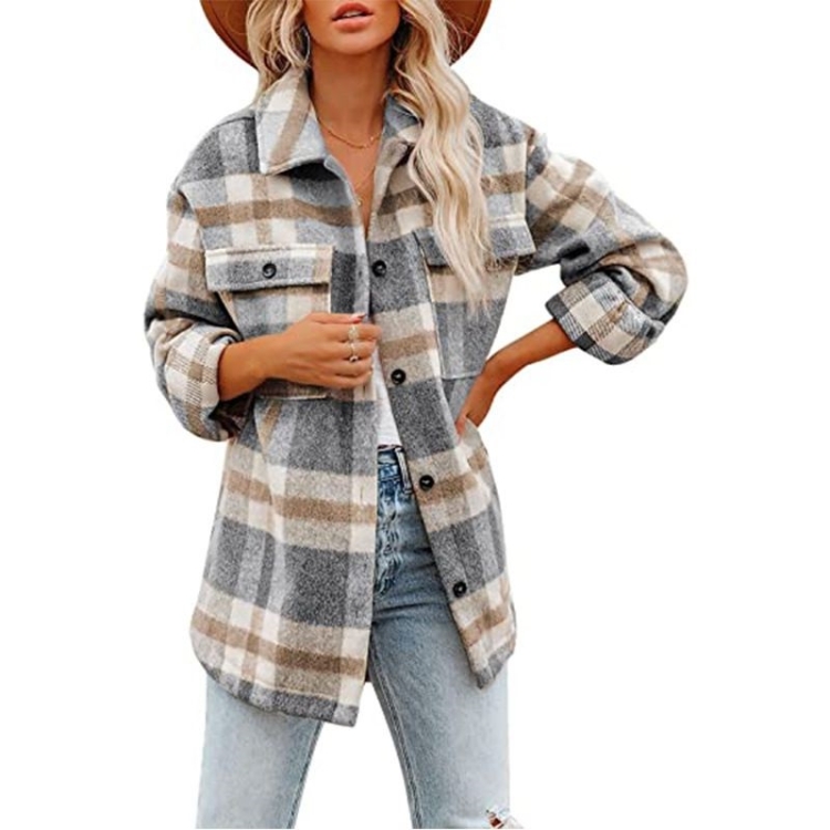 

Lapel Long Sleeve Flannel Check Shirt Loose Casual Cardigan Jacket for Ladies (Color:Light Gray Size:XL)