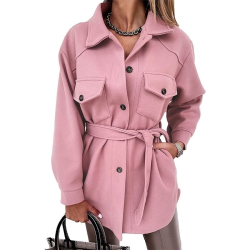 

Solid Color Lapel Mid-length Woolen Coat With Belt for Ladies (Color:Pink Size:M)